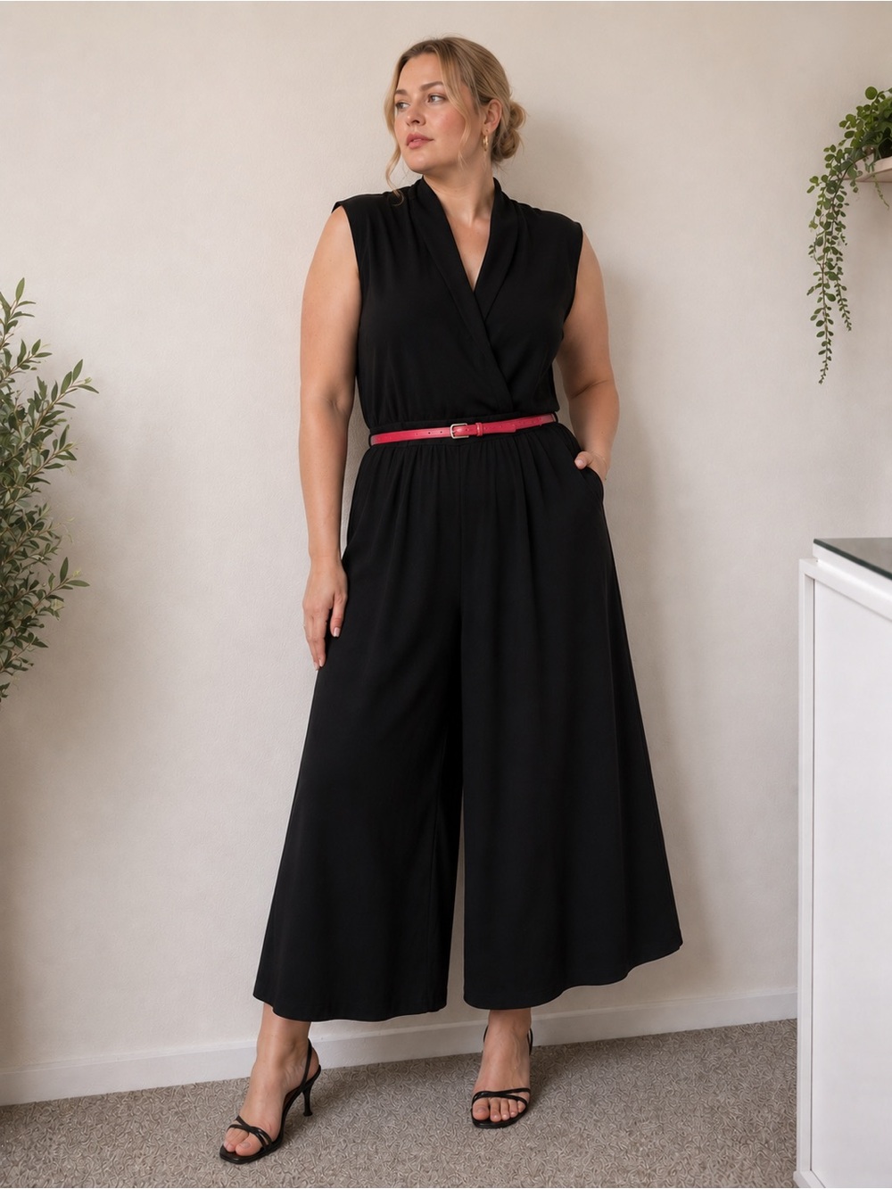 H&M Black Sleeveless Wide-Leg Jumpsuit with Red Belt